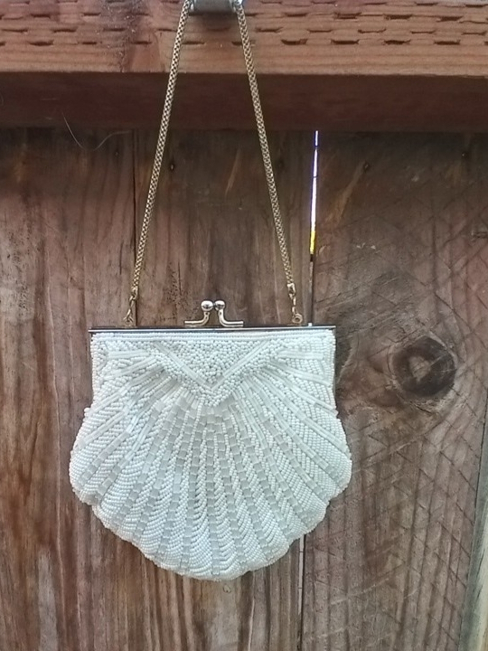 Vintage Beaded- Sequin Seashell Evening Cream Clutch With Gold Chain Small Size